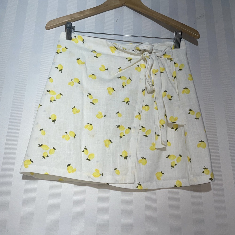 Forever 21 Women's Sz‎ M Lemon Print Linen Blend Faux Wrap Mini Skirt